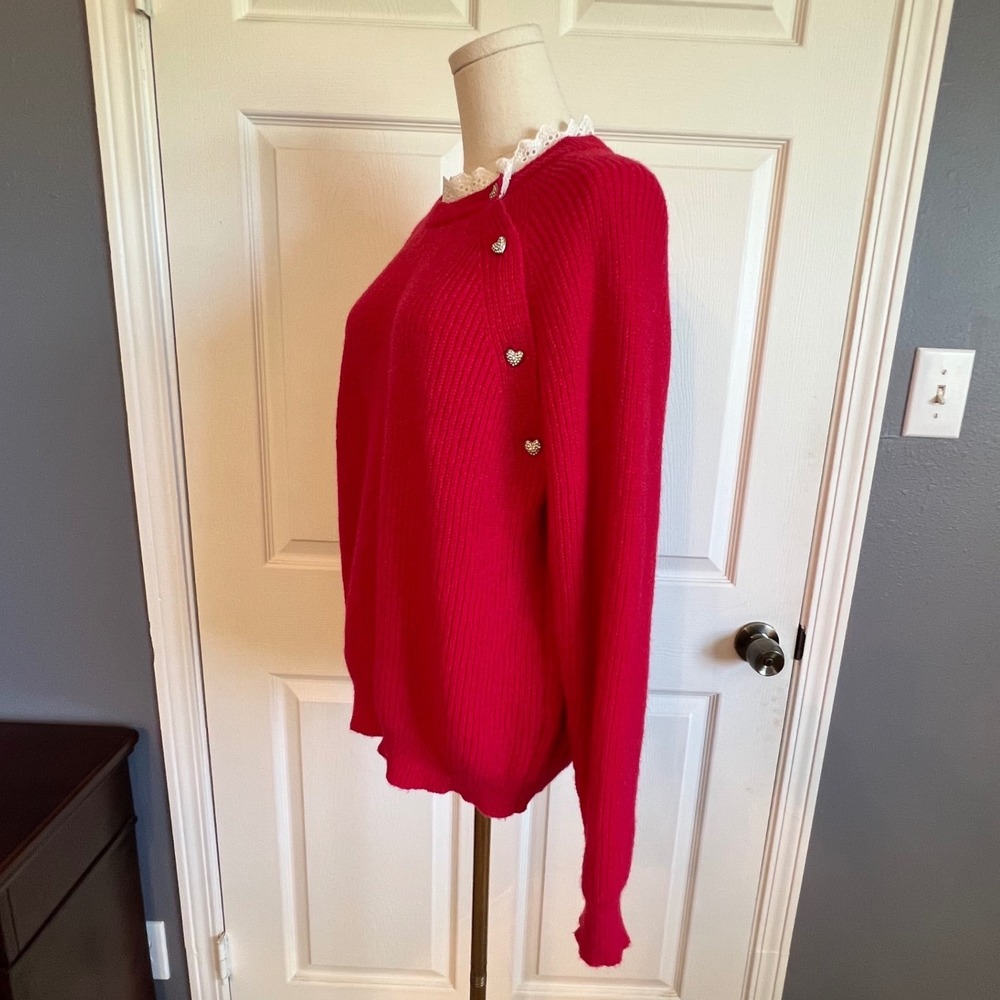 Women's Red Ribbed Knit Sweater with Lace Collar and Rhinestone Heart Buttons‎ - Picture 3 of 10
